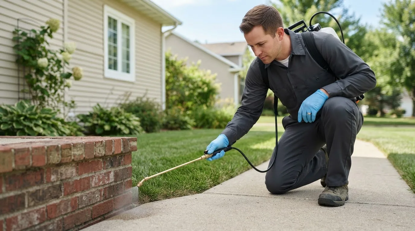 Pest control technician treating a home near Coloma, MI