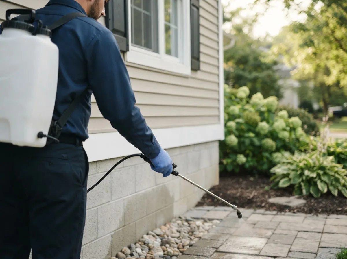 Pest control technician inspecting a home in Coloma, MI